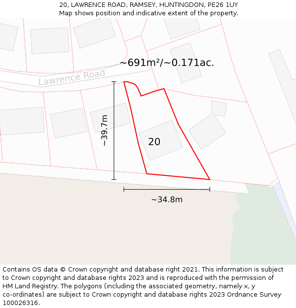 20, LAWRENCE ROAD, RAMSEY, HUNTINGDON, PE26 1UY: Plot and title map