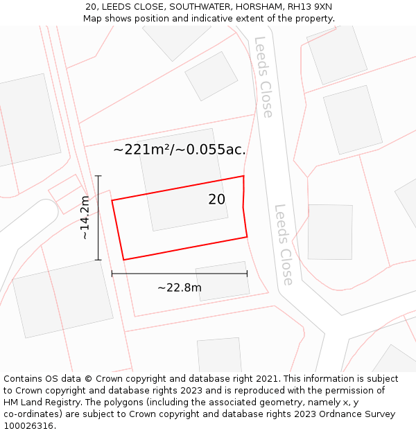 20, LEEDS CLOSE, SOUTHWATER, HORSHAM, RH13 9XN: Plot and title map