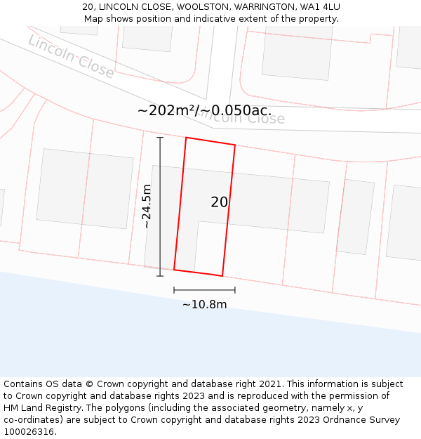 20, LINCOLN CLOSE, WOOLSTON, WARRINGTON, WA1 4LU: Plot and title map