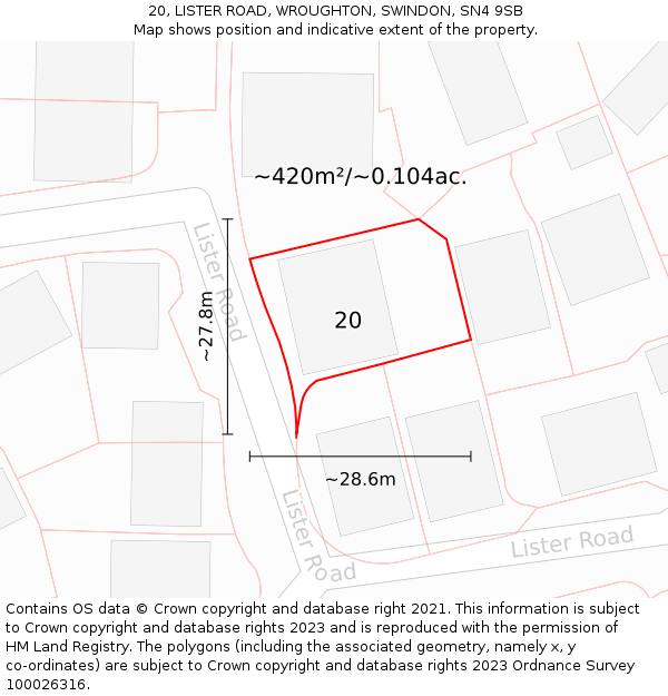20, LISTER ROAD, WROUGHTON, SWINDON, SN4 9SB: Plot and title map