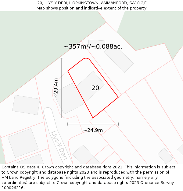 20, LLYS Y DERI, HOPKINSTOWN, AMMANFORD, SA18 2JE: Plot and title map