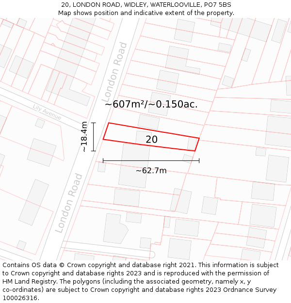 20, LONDON ROAD, WIDLEY, WATERLOOVILLE, PO7 5BS: Plot and title map