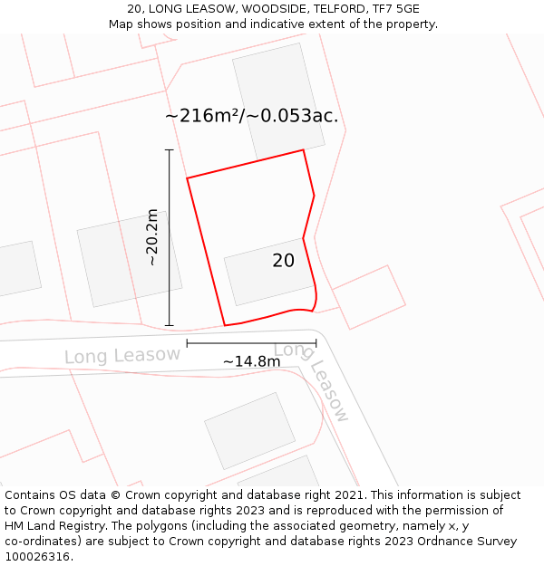 20, LONG LEASOW, WOODSIDE, TELFORD, TF7 5GE: Plot and title map