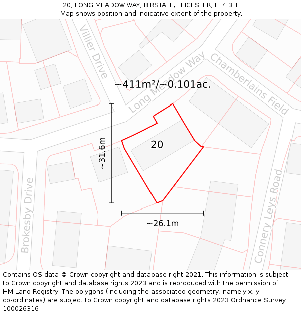 20, LONG MEADOW WAY, BIRSTALL, LEICESTER, LE4 3LL: Plot and title map