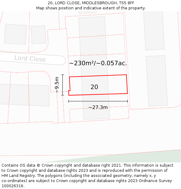 20, LORD CLOSE, MIDDLESBROUGH, TS5 8FF: Plot and title map