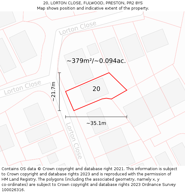 20, LORTON CLOSE, FULWOOD, PRESTON, PR2 8YS: Plot and title map