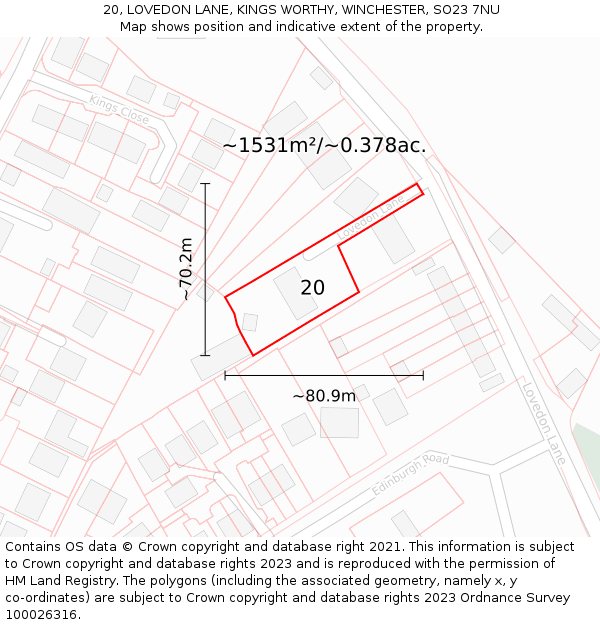 20, LOVEDON LANE, KINGS WORTHY, WINCHESTER, SO23 7NU: Plot and title map