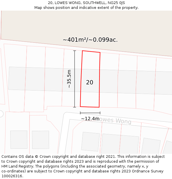 20, LOWES WONG, SOUTHWELL, NG25 0JS: Plot and title map