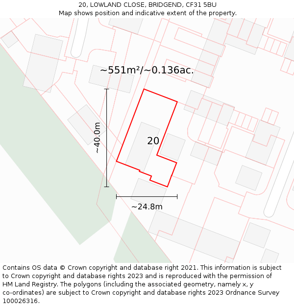 20, LOWLAND CLOSE, BRIDGEND, CF31 5BU: Plot and title map