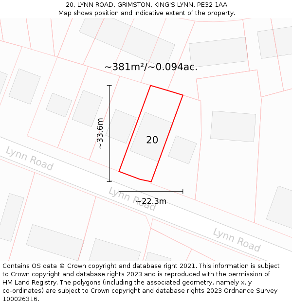 20, LYNN ROAD, GRIMSTON, KING'S LYNN, PE32 1AA: Plot and title map