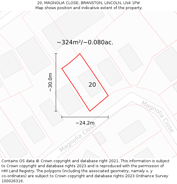 20, MAGNOLIA CLOSE, BRANSTON, LINCOLN, LN4 1PW: Plot and title map