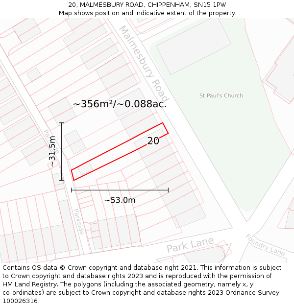 20, MALMESBURY ROAD, CHIPPENHAM, SN15 1PW: Plot and title map