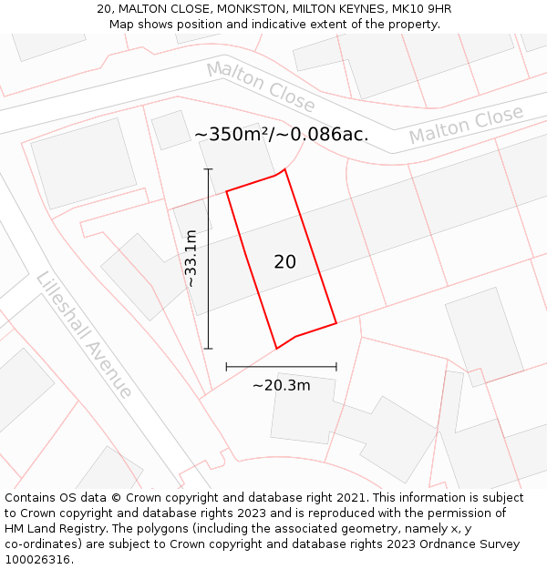 20, MALTON CLOSE, MONKSTON, MILTON KEYNES, MK10 9HR: Plot and title map