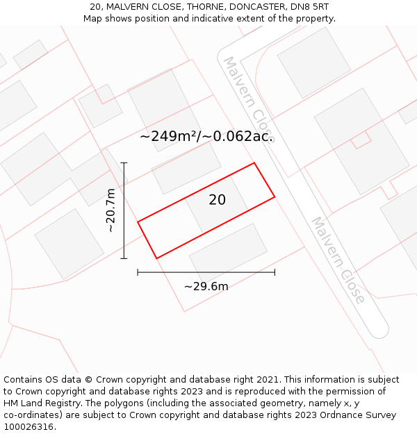 20, MALVERN CLOSE, THORNE, DONCASTER, DN8 5RT: Plot and title map