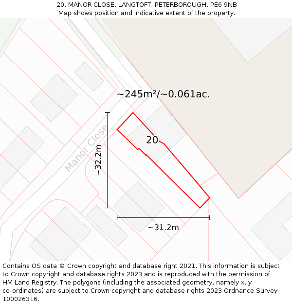 20, MANOR CLOSE, LANGTOFT, PETERBOROUGH, PE6 9NB: Plot and title map
