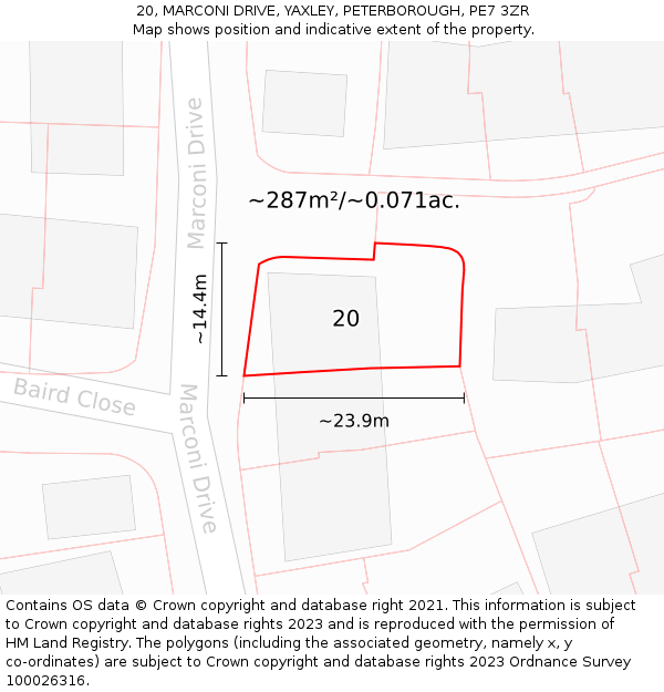 20, MARCONI DRIVE, YAXLEY, PETERBOROUGH, PE7 3ZR: Plot and title map