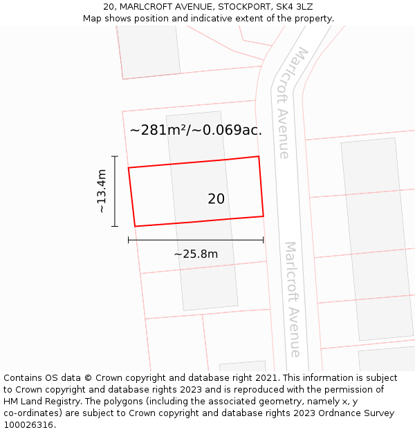 20, MARLCROFT AVENUE, STOCKPORT, SK4 3LZ: Plot and title map