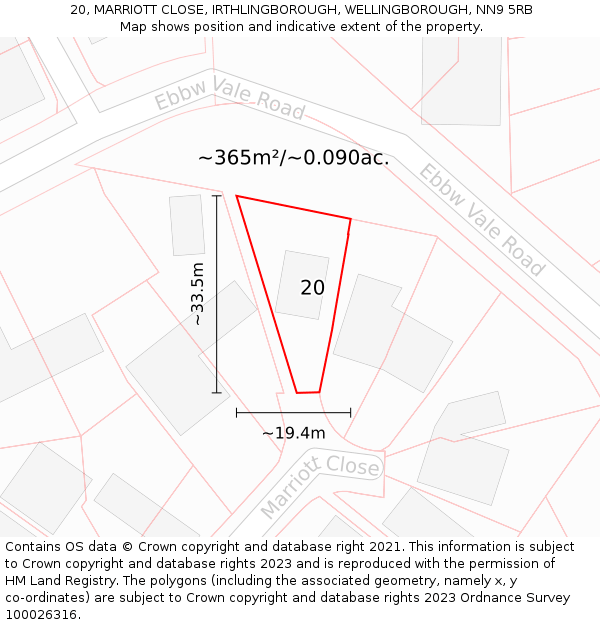 20, MARRIOTT CLOSE, IRTHLINGBOROUGH, WELLINGBOROUGH, NN9 5RB: Plot and title map