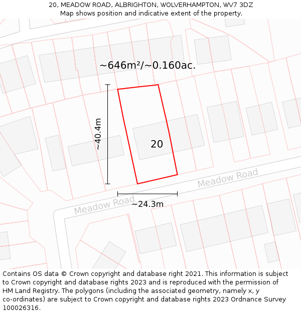 20, MEADOW ROAD, ALBRIGHTON, WOLVERHAMPTON, WV7 3DZ: Plot and title map