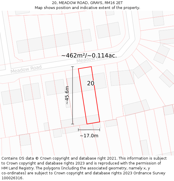 20, MEADOW ROAD, GRAYS, RM16 2ET: Plot and title map