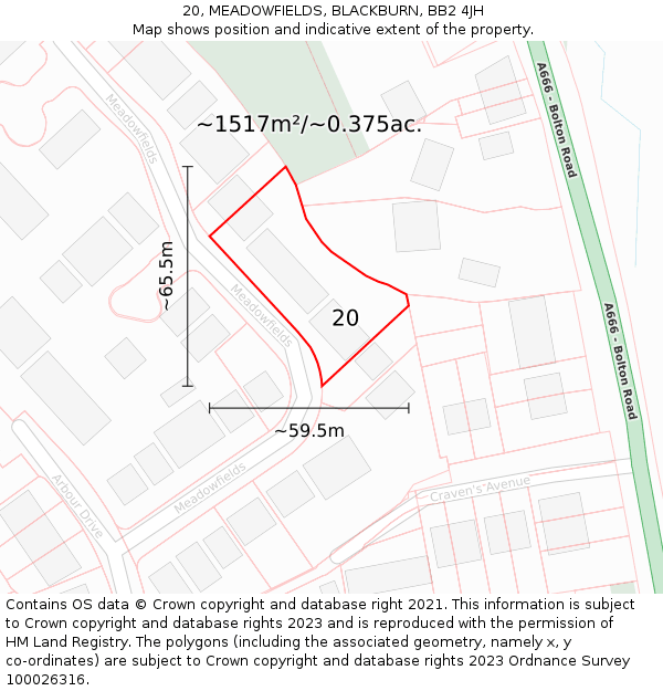 20, MEADOWFIELDS, BLACKBURN, BB2 4JH: Plot and title map