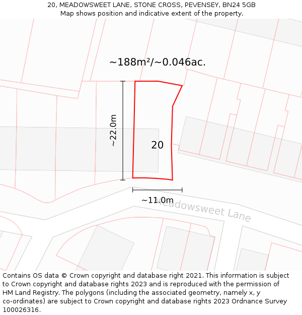 20, MEADOWSWEET LANE, STONE CROSS, PEVENSEY, BN24 5GB: Plot and title map