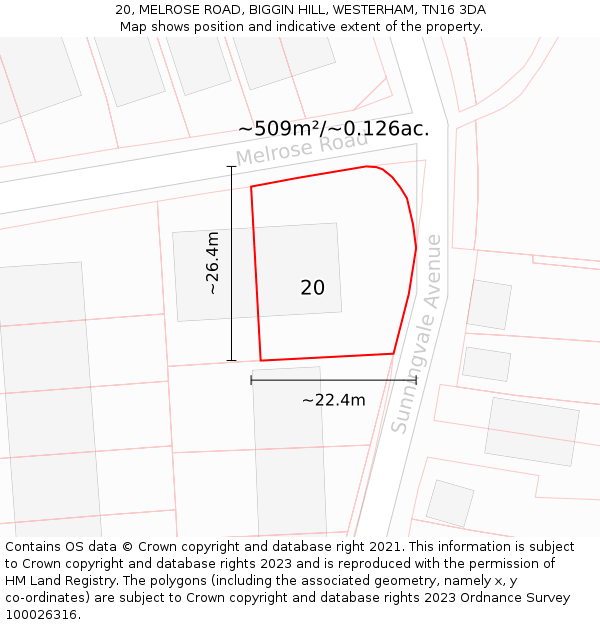 20, MELROSE ROAD, BIGGIN HILL, WESTERHAM, TN16 3DA: Plot and title map