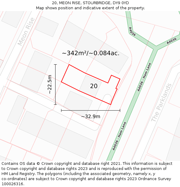 20, MEON RISE, STOURBRIDGE, DY9 0YD: Plot and title map