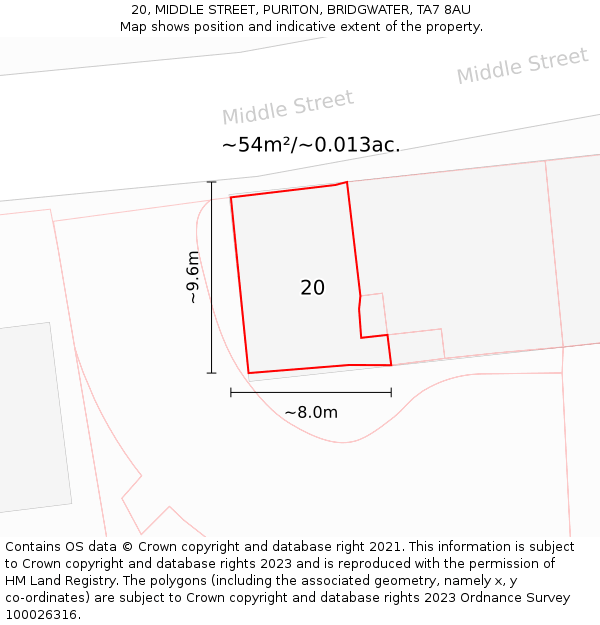 20, MIDDLE STREET, PURITON, BRIDGWATER, TA7 8AU: Plot and title map