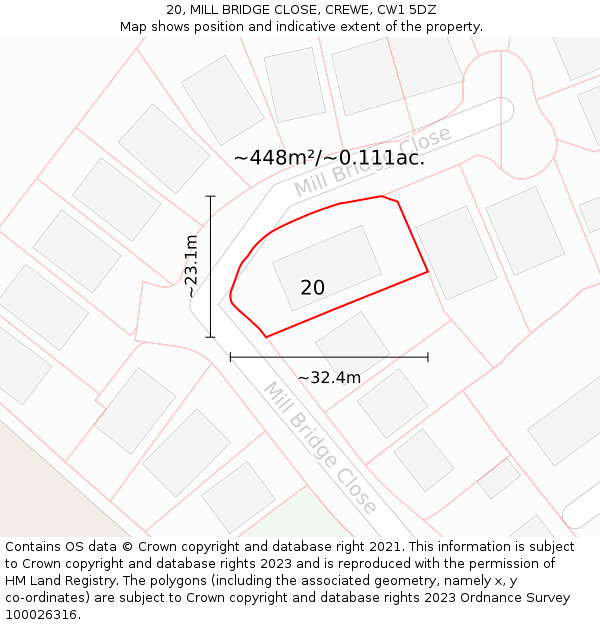 20, MILL BRIDGE CLOSE, CREWE, CW1 5DZ: Plot and title map