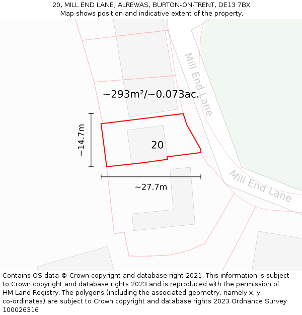 20, MILL END LANE, ALREWAS, BURTON-ON-TRENT, DE13 7BX: Plot and title map