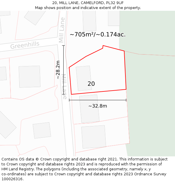 20, MILL LANE, CAMELFORD, PL32 9UF: Plot and title map