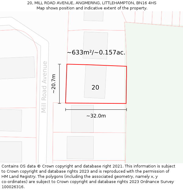 20, MILL ROAD AVENUE, ANGMERING, LITTLEHAMPTON, BN16 4HS: Plot and title map