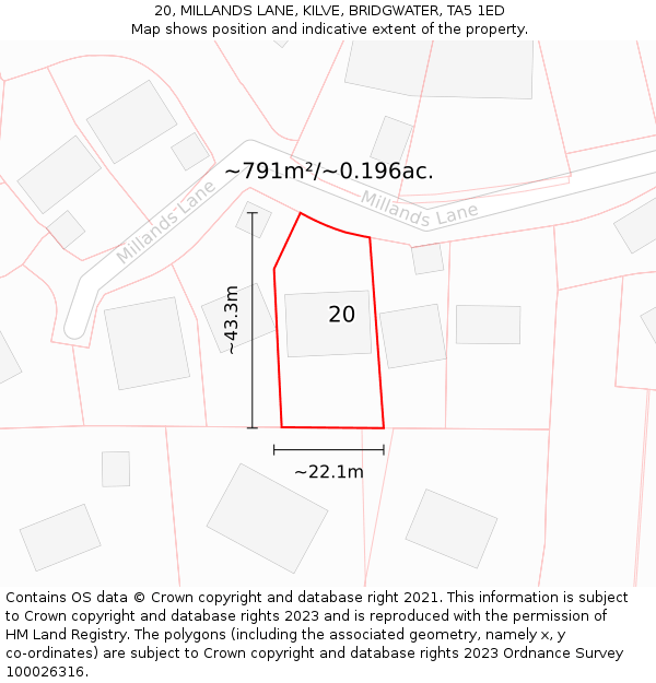 20, MILLANDS LANE, KILVE, BRIDGWATER, TA5 1ED: Plot and title map