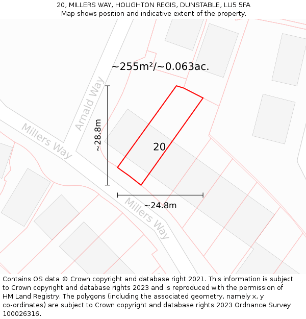 20, MILLERS WAY, HOUGHTON REGIS, DUNSTABLE, LU5 5FA: Plot and title map