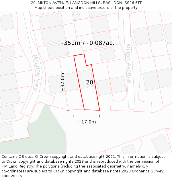 20, MILTON AVENUE, LANGDON HILLS, BASILDON, SS16 6TT: Plot and title map