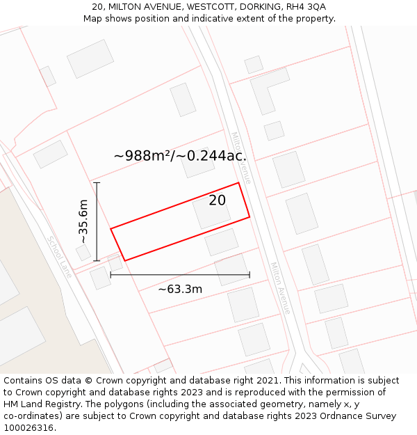 20, MILTON AVENUE, WESTCOTT, DORKING, RH4 3QA: Plot and title map