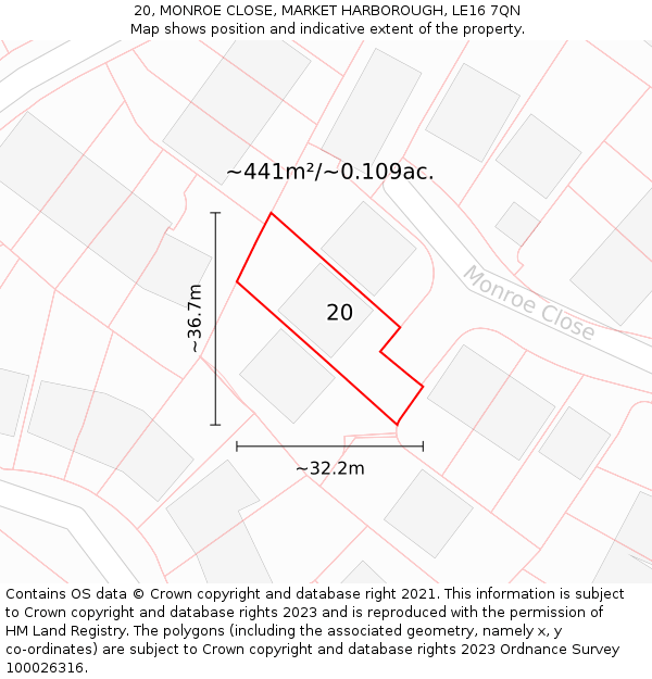 20, MONROE CLOSE, MARKET HARBOROUGH, LE16 7QN: Plot and title map