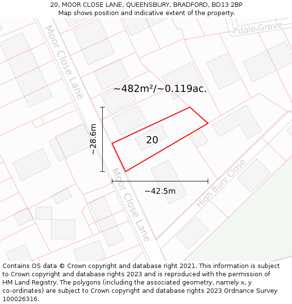 20, MOOR CLOSE LANE, QUEENSBURY, BRADFORD, BD13 2BP: Plot and title map