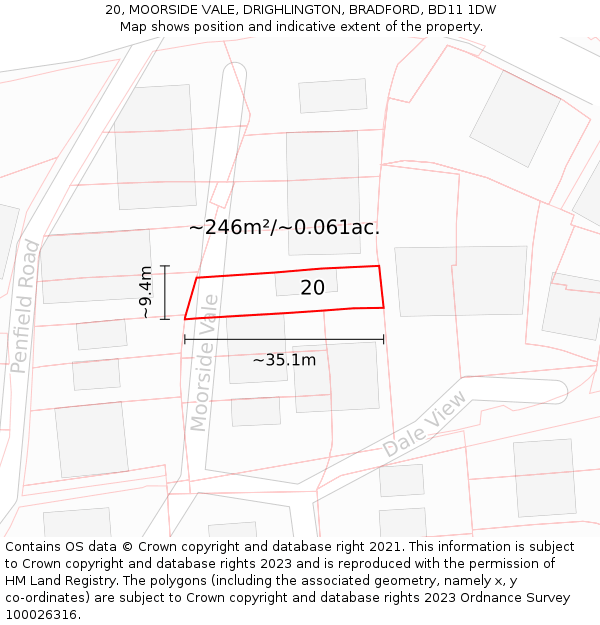 20, MOORSIDE VALE, DRIGHLINGTON, BRADFORD, BD11 1DW: Plot and title map