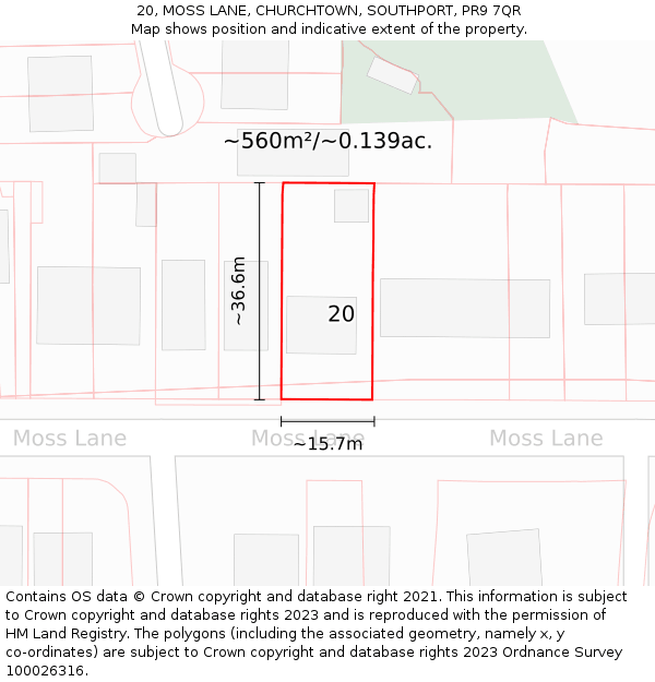 20, MOSS LANE, CHURCHTOWN, SOUTHPORT, PR9 7QR: Plot and title map