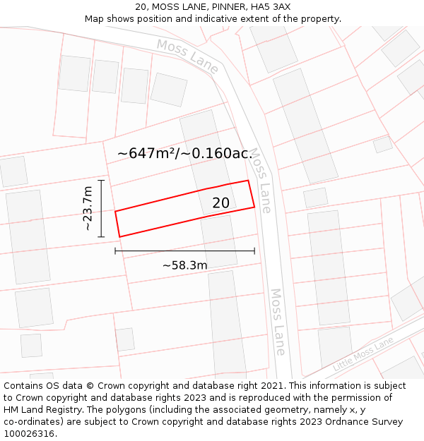 20, MOSS LANE, PINNER, HA5 3AX: Plot and title map