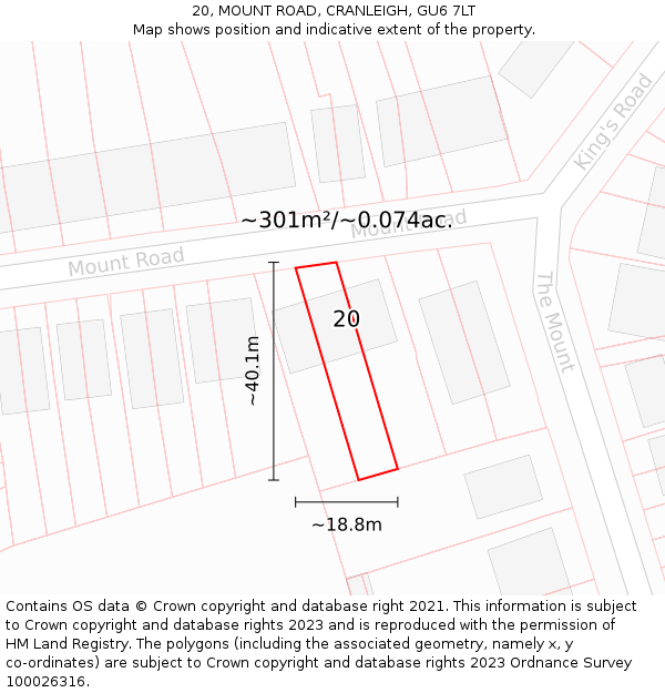 20, MOUNT ROAD, CRANLEIGH, GU6 7LT: Plot and title map