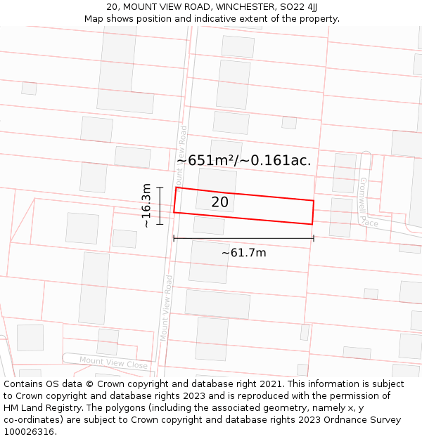 20, MOUNT VIEW ROAD, WINCHESTER, SO22 4JJ: Plot and title map