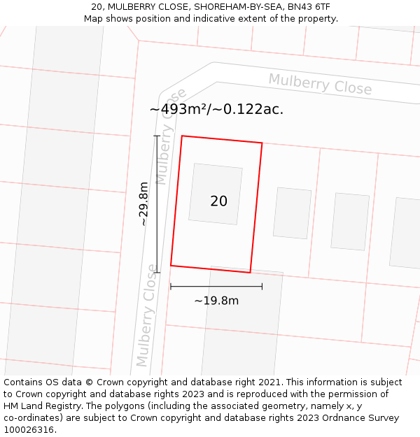 20, MULBERRY CLOSE, SHOREHAM-BY-SEA, BN43 6TF: Plot and title map