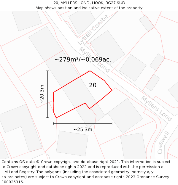 20, MYLLERS LOND, HOOK, RG27 9UD: Plot and title map