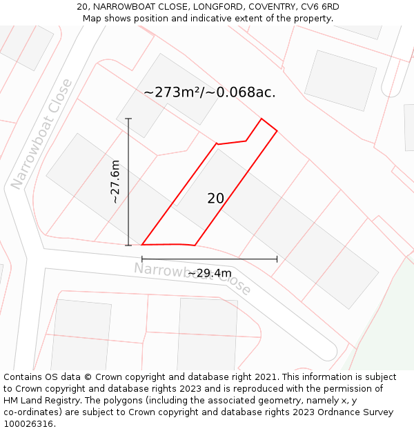 20, NARROWBOAT CLOSE, LONGFORD, COVENTRY, CV6 6RD: Plot and title map