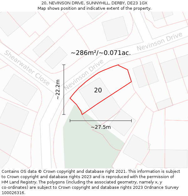 20, NEVINSON DRIVE, SUNNYHILL, DERBY, DE23 1GX: Plot and title map