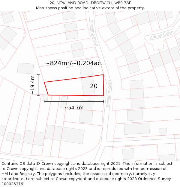 20, NEWLAND ROAD, DROITWICH, WR9 7AF: Plot and title map