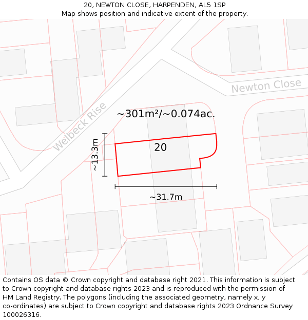 20, NEWTON CLOSE, HARPENDEN, AL5 1SP: Plot and title map